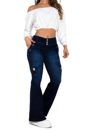 JEANS LEVANTA COLA AZUL OSCURO CON BOLSILLOS CARGO BOTA ACAMPANADA SIN BOLSILLOS – 50517