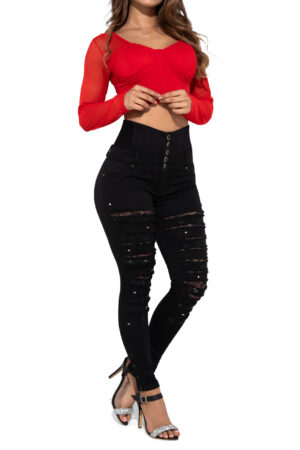 JEANS LEVANTACOLA NEGRO CON DESTROYED PANTALLA Y PEDRERIA SIN BOLSILLOS BOTA SKINNY – 71260