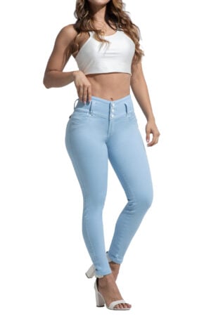 JEANS LEVANTA COLA AZUL CLARO CON BOLSILLOS DECORADOS BOTA SKINNY- 808121