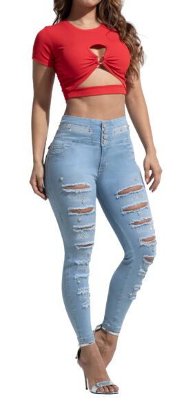 JEANS LEVANTACOLA AZUL CLARO CON PEDRERIA DESTROYED BOTA SKINNY – 71306