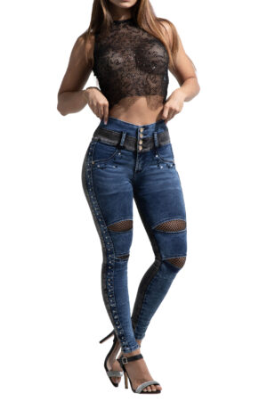 JEANS LEVANTACOLA AZUL CLARO Y GRIS CON PEDRERIA Y PANTALLA EN LATEREALES  BOTA SKINNY SIN BOLSILLOS   – 64454