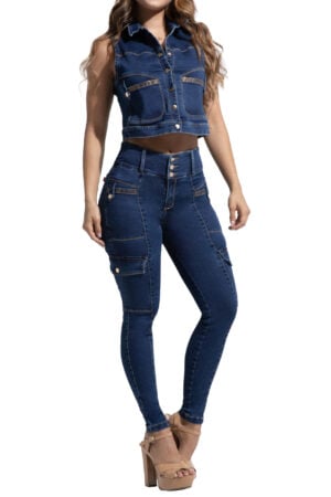 SET CROP TOP + JEANS AZUL OSCURO CON PEDRERIA DORADA- 71318