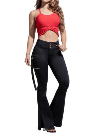 JEANS COLOR NEGRO BOLSILLOS CARGO BOTA ANCHA CON HERRAJES- 64557