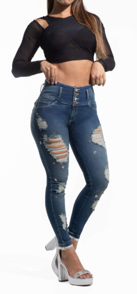 JEANS LEVANTA COLA AZUL CLARO CON PEDRERIA EN BOLSILLOS TRASEROS DESTROYED EN LATERALES  BOTA SKINNY – 712698