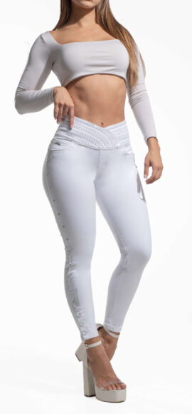JEANS LEVANTA COLA BLANCO CON ESTAMPADO EN LATERALES  SIN BOLSILLOS  BOTA SKINNY  – 90680