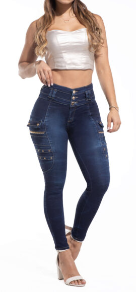 JEANS LEVANTA COLA AZUL OSCURO CON PEDRERIA CORTES Y DISEÑO EN  LATERALES – 64363