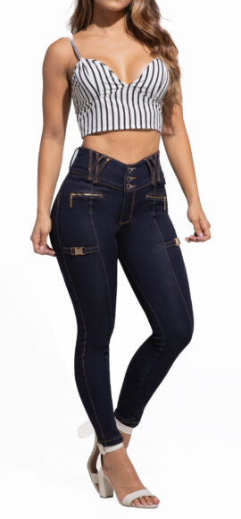 JEANS LEVANTA COLA AZUL OSCURO CON PEDRERIA  BOTA SKINNY- 50513