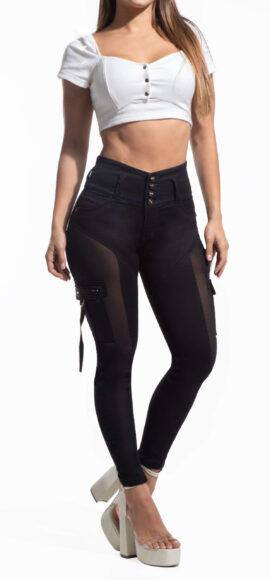 JEANS LEVANTA COLA NEGRO BOLSILLOS CARGO AMBIENTADO  CON PEDRERIA  CORTES CON MAYAS – 90699