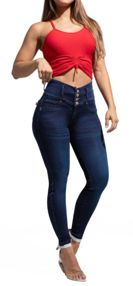 JEANS LEVANTA COLA AZUL MEDIO  CON PEDRERIA BOTA SKINNY – 71304