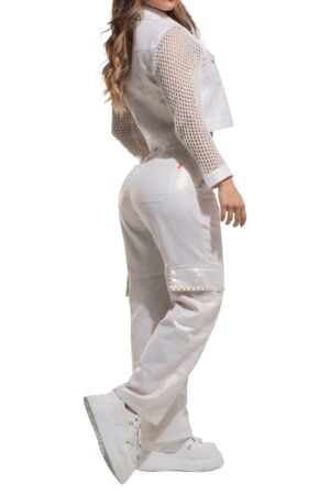 SET DE JEAN Y CHAQUETA BEIGE CON BOLSILLOS CARGO PEDRERIA BOTA ANCHA  – 71285