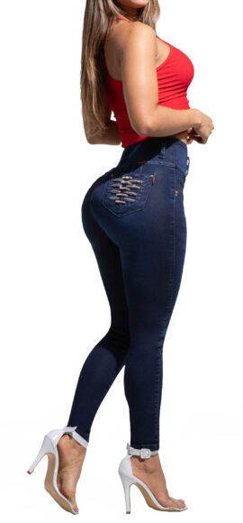 JEANS LEVANTA COLA AZUL MEDIO  CON PEDRERIA BOTA SKINNY – 71304