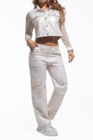 SET DE JEAN Y CHAQUETA BEIGE CON BOLSILLOS CARGO PEDRERIA BOTA ANCHA  – 71285
