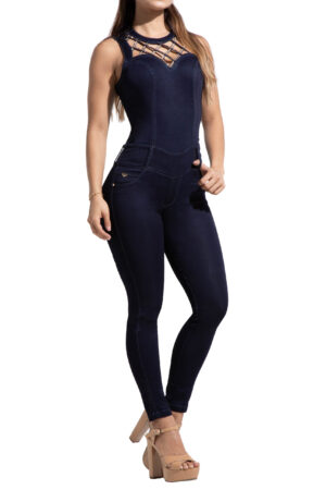 ENTERIZO COLOR AZUL OSCURO CON DISEÑO EN EL PECHO PEDRERIA EN CRISTAL Y BURBUJA BOTA SKINNY- 90708