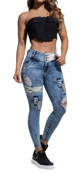JEANS LEVANTA COLA AZUL MEDIO CON PEDRERIA BORDADO Y DESTROYER – 64368