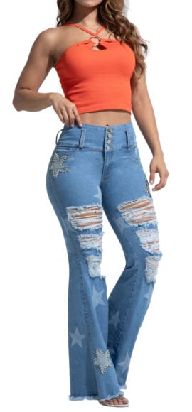 JEANS LEVANTA COLA AZUL CLARO CON ESTAMPADO DE ESTRELLAS PEDRERIA BOTA ANCHA – 71312