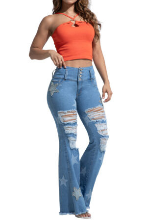 JEANS LEVANTA COLA AZUL CLARO CON ESTAMPADO DE ESTRELLAS PEDRERIA BOTA ANCHA – 71312