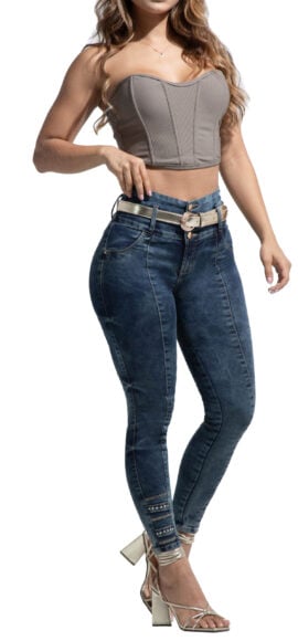 JEANS LEVANTA COLA AZUL MEDIIO IMITACION BOLSILLOS CON PEDRERIA – 64452