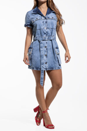 VESTIDO AZUL CLARO CON PERLAS Y BOLSILLOS EN LATERALES MANGA CORTA CON CINTURON – 71293