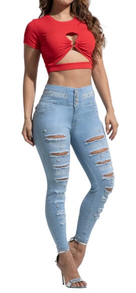 JEANS LEVANTACOLA AZUL CLARO CON PEDRERIA DESTROYED BOTA SKINNY – 71306