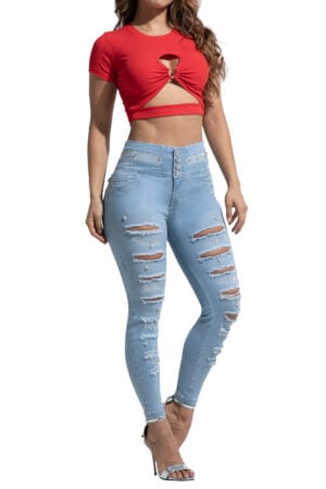 JEANS LEVANTACOLA AZUL CLARO CON PEDRERIA DESTROYED BOTA SKINNY – 71306