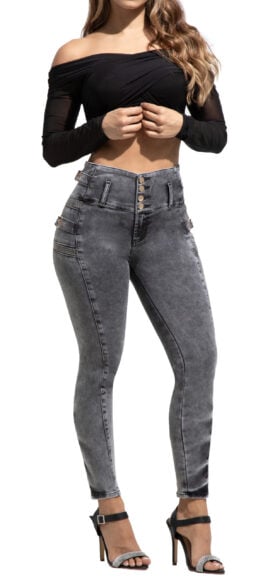 JEANS LEVANTACOLA GRIS SIN BOLSILLOS CON DISEÑO EN LOS LATERALES CON CORREAR Y PEDRERIA DORADA – 64451