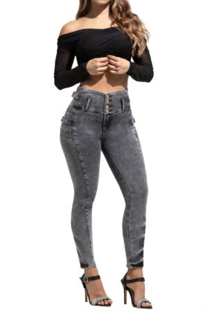 JEANS LEVANTACOLA GRIS SIN BOLSILLOS CON DISEÑO EN LOS LATERALES CON CORREAR Y PEDRERIA DORADA – 64451