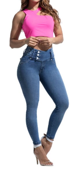 JEANS LEVANTA COLA AZUL MEDIO CON BOLSILLOS Y PRETINA DECORADOS BOTA SKINNY- 80800