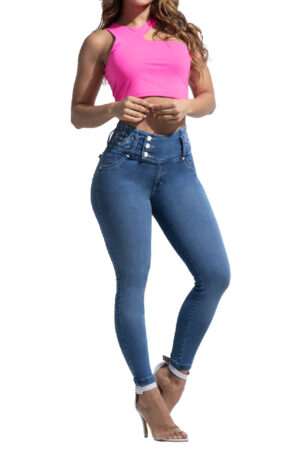 JEANS LEVANTA COLA AZUL MEDIO CON BOLSILLOS Y PRETINA DECORADOS BOTA SKINNY- 80800