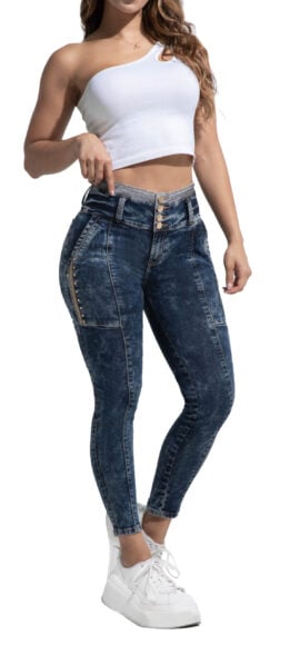 JEANS LEVANTA COLA AZUL OSCURO EFECTO TIE DYE PEDRERIA BOTA SKINNY- 64549