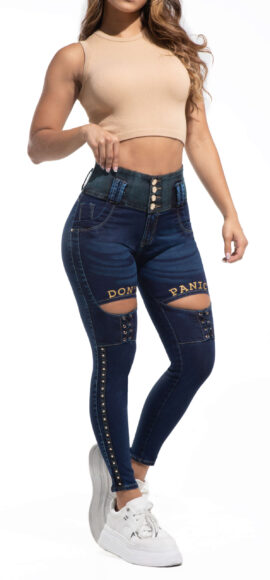 JEANS LEVANTA COLA AZUL OSCURO SIN BOLSILLOS CORTES EN FRENTE ESTAMPADOS Y PEDRERIA  – 64361