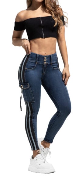 JEANS LEVANTA COLA AZUL MEDIO CORTES EN LATERALES  BOLSILLOS CARGO CON PEDRERIA – 64463