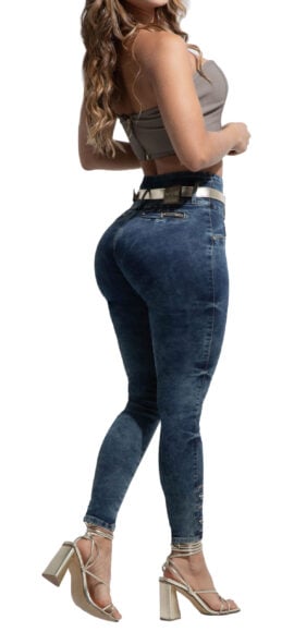 JEANS LEVANTA COLA AZUL MEDIIO IMITACION BOLSILLOS CON PEDRERIA – 64452
