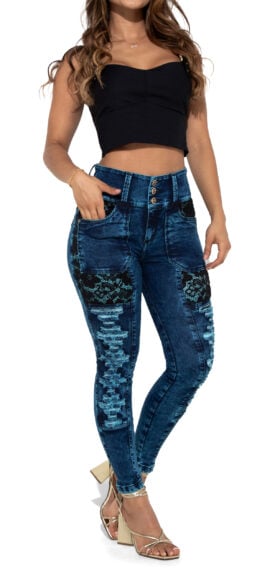 JEANS LEVANTA COLA AZUL OSCUROCON DESTROYED BLONDA NEGRA BOTA SKINNY- 90713