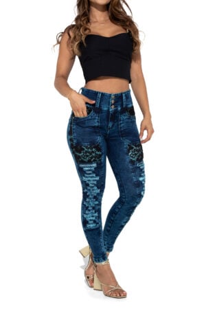 JEANS LEVANTA COLA AZUL OSCUROCON DESTROYED BLONDA NEGRA BOTA SKINNY- 90713