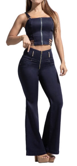 SET CROP TOP JEANS AZUL OSCURO PEDRERIA DORADA- 71305