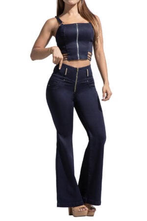 SET CROP TOP JEANS AZUL OSCURO PEDRERIA DORADA- 71305
