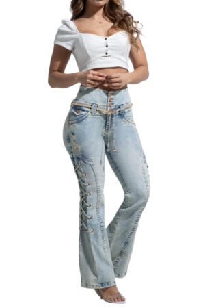 JEANS LEVANTA COLA AZUL MEDIO SIN BOLSILLOS OJALES CORDON TRENZADO BOTA CAMPANA – 90730