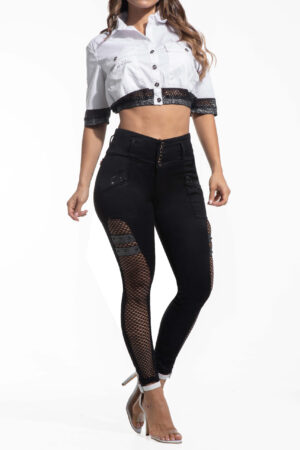 CONJUNTO JEANS Y CAMISA COLOR NEGRO MALLA EN LATERALES ELASTICO PEDRERIA BOTA SKINNY- 71284