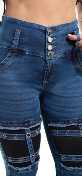 JEANS LEVANTA COLA AZUL MEDIO CON PEDRERIA DISEÑO EN PIERNA – 64268