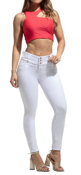 JEANS LEVANTACOLA BLANCO CON DISEÑO EN LOS BOLSILLOS TRASEROS BOTA SKINNY- 64371