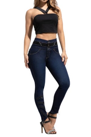 JEANS LEVANTA COLA AZUL OSCURO CON PEDRERIA CREMALLERAS DECORATIVAS BOTA SKINNY – 80805
