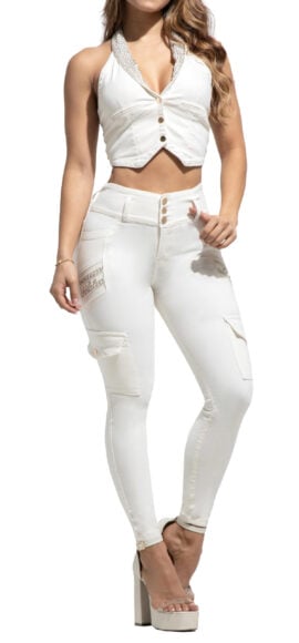 SET CROP TOP + JEANS CON PEDRERIA BOLSILLOS CARGO BOTA SKINNY LEVANTA COLA COLOR MARFIL – 713141