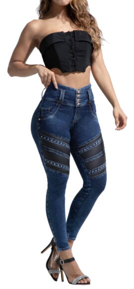 JEANS LEVANTA COLA AZUL OSCURO CON CORTES EN EFECTO CUERO CON PEDRERIA BOTA SKINNY- 64450