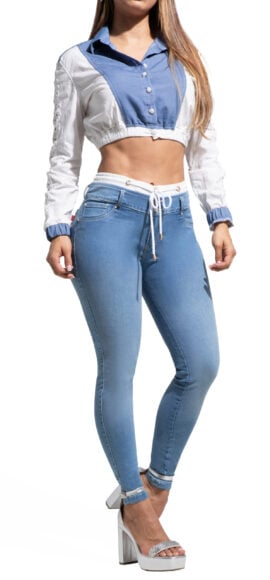 SET DE JEAN Y BLUSA MANGA LARGA AZUL CLARO BOTA SKINY BLUSA AZUL Y BLANCO – 71292