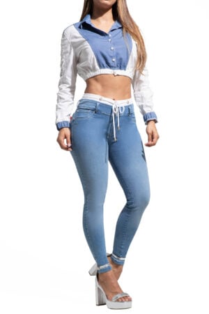 SET DE JEAN Y BLUSA MANGA LARGA AZUL CLARO BOTA SKINY BLUSA AZUL Y BLANCO – 71292