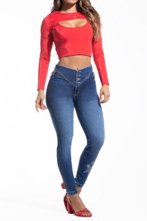 JEANS LEVANTA COLA AZUL MEDIO CON PEDRERIA EN LATERALES REMACHES EN PRETINA  – 71229
