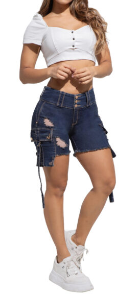 SHORT LEVANTA COLA DESTROYED AZUL OSCURO CON BOLSILLOS CARGO EN LATERALES- 50509