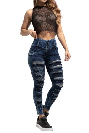 JEANS LEVANTACOLA AZUL OSCURO JASPEADO CON DESTROYED PANTALLA Y PEDRERIA BOTA SKINNY – 64481