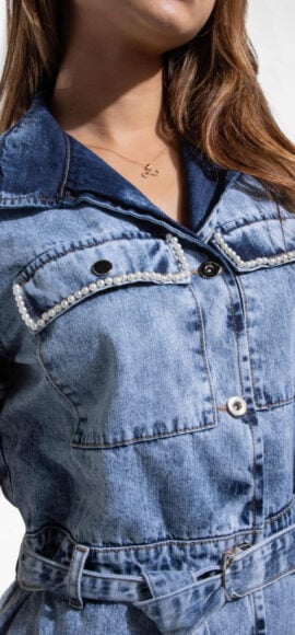 VESTIDO AZUL CLARO CON PERLAS Y BOLSILLOS EN LATERALES MANGA CORTA CON CINTURON – 71293