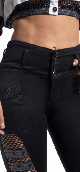 CONJUNTO JEANS Y CAMISA COLOR NEGRO MALLA EN LATERALES ELASTICO PEDRERIA BOTA SKINNY- 71284
